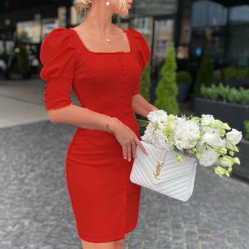 Bodycon Knee-Length Dress with Square Neck and Puff Sleeves - red front lifestyle view