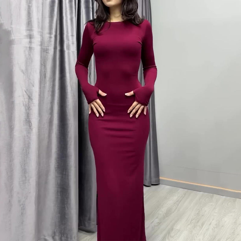Maxi Bodycon Dress with Long Sleeves - wine red front view