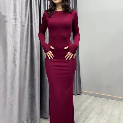 Maxi Bodycon Dress with Long Sleeves - wine red front view
