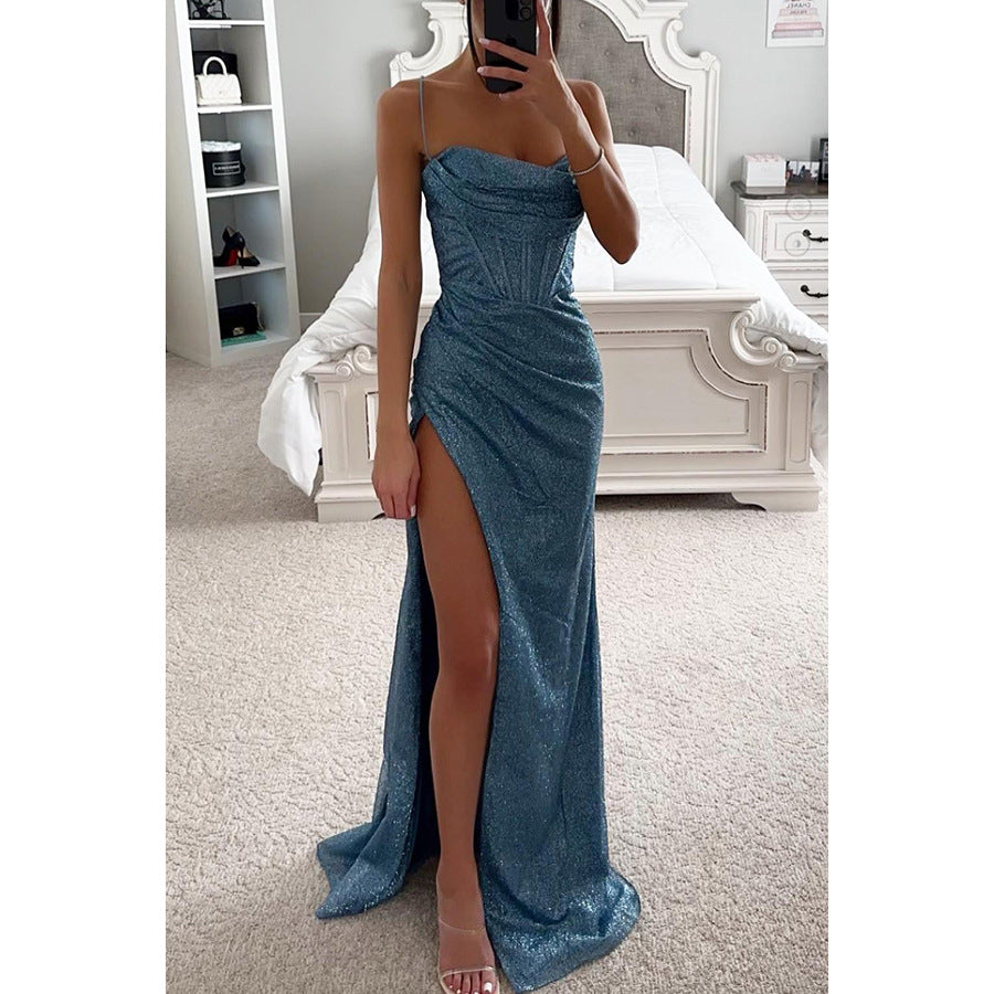 Maxi Dress in Glitter Mesh with Thigh Split - blue front view
