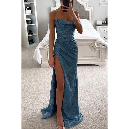 Maxi Dress in Glitter Mesh with Thigh Split - blue front view