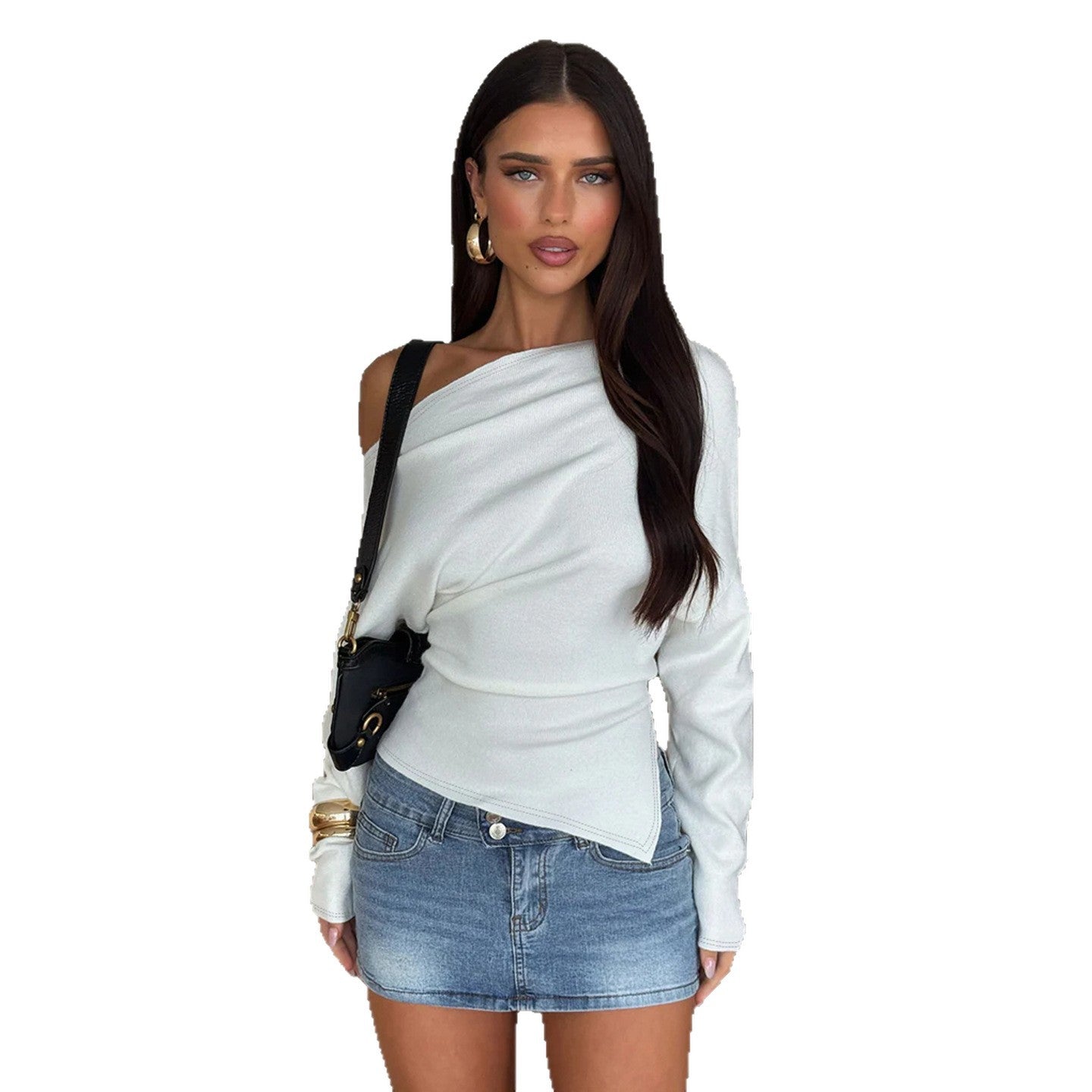 Long Sleeve Top with Off-Shoulder Drape - white full outfit front