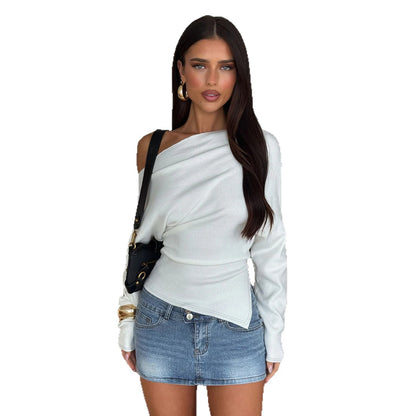 Long Sleeve Top with Off-Shoulder Drape - white full outfit front