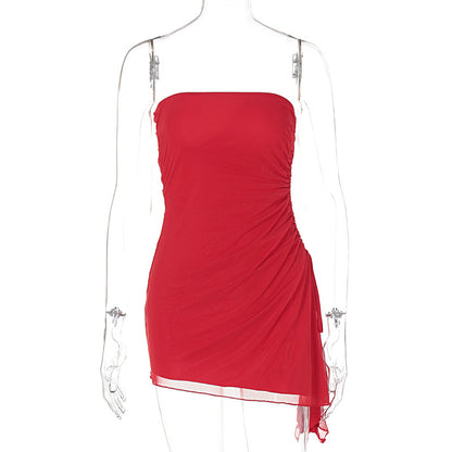 Mini Dress in Black, Pink, Red & Grey with Ruched Side Split - red flat front view