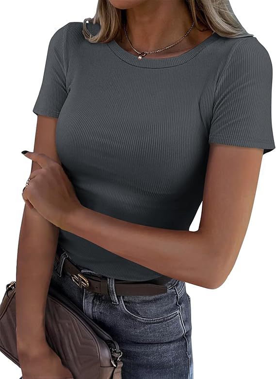 T-Shirt in Sculpting Ribbed Stretch - dark grey front view