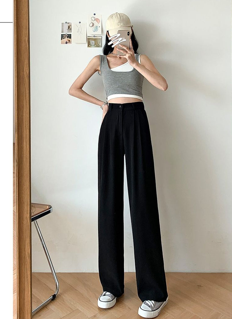 Wide-Leg Trousers with Pleated Front - black full-length pose