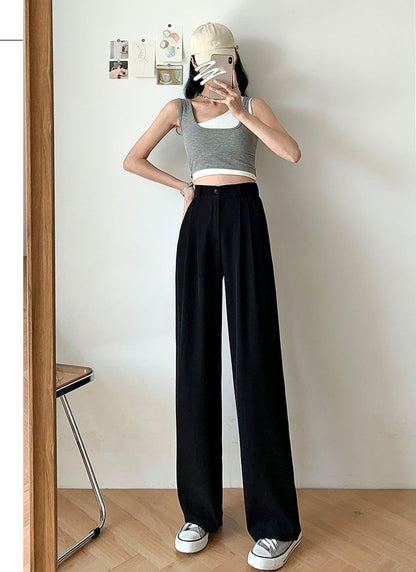 Wide-Leg Trousers with Pleated Front - black full-length pose