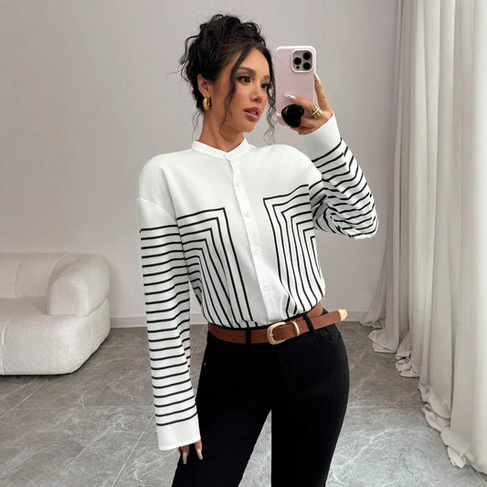 Shirt in White Monochrome Stripe Print - white horizontal stripe mirror front view