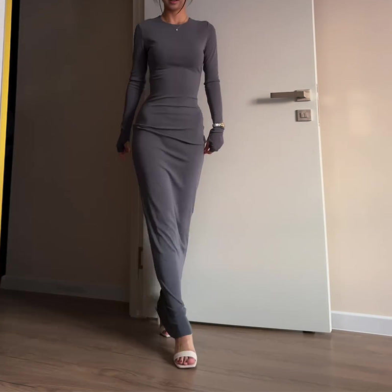 Maxi Bodycon Dress with Long Sleeves - dark gray front view