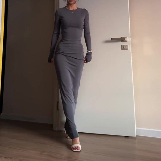 Maxi Bodycon Dress with Long Sleeves - dark gray front view