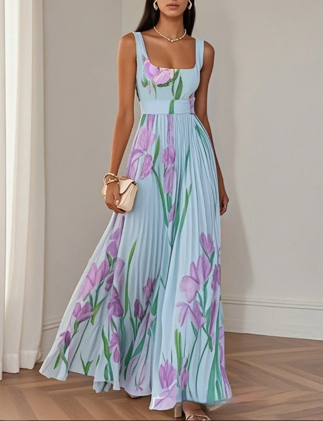 Maxi Dress in Watercolour Floral Print - Light Blue front view