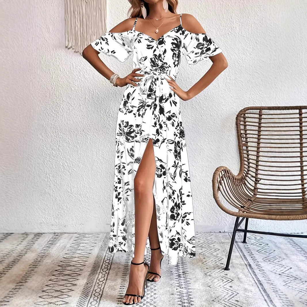 Maxi Dress in Floral Bardot Split-Hem - white front split view