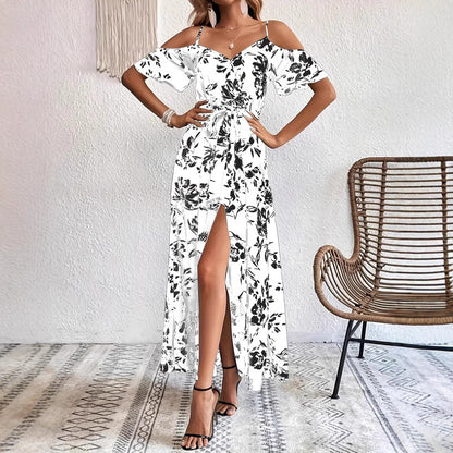Maxi Dress in Floral Bardot Split-Hem - white front split view
