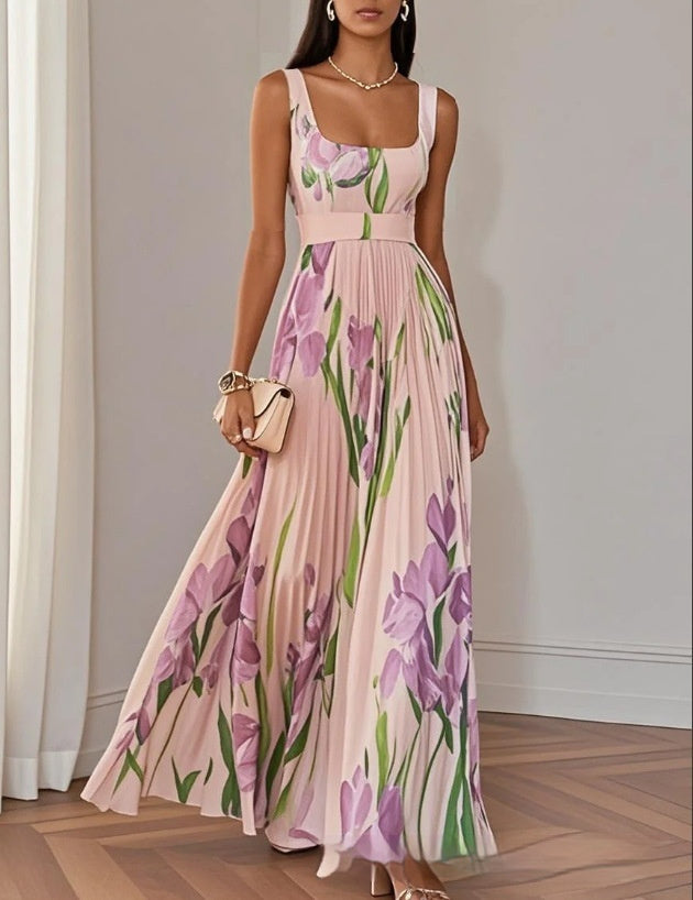 Maxi Dress in Watercolour Floral Print - Pink front view