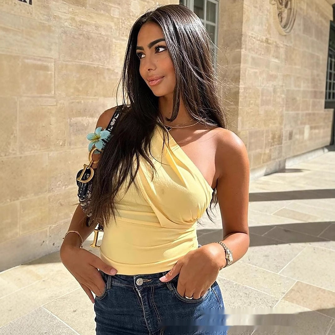 Top in Butter Yellow with One-Shoulder Drape - side front styling with denim