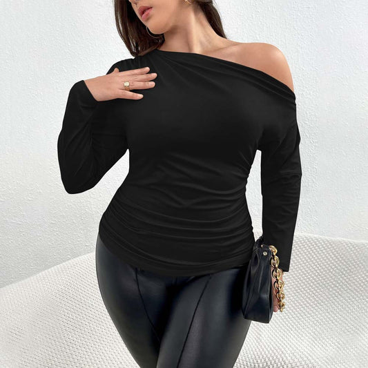 Top in Black with One-Shoulder Neckline and Ruched Waist - black full-length front view with clutch bag