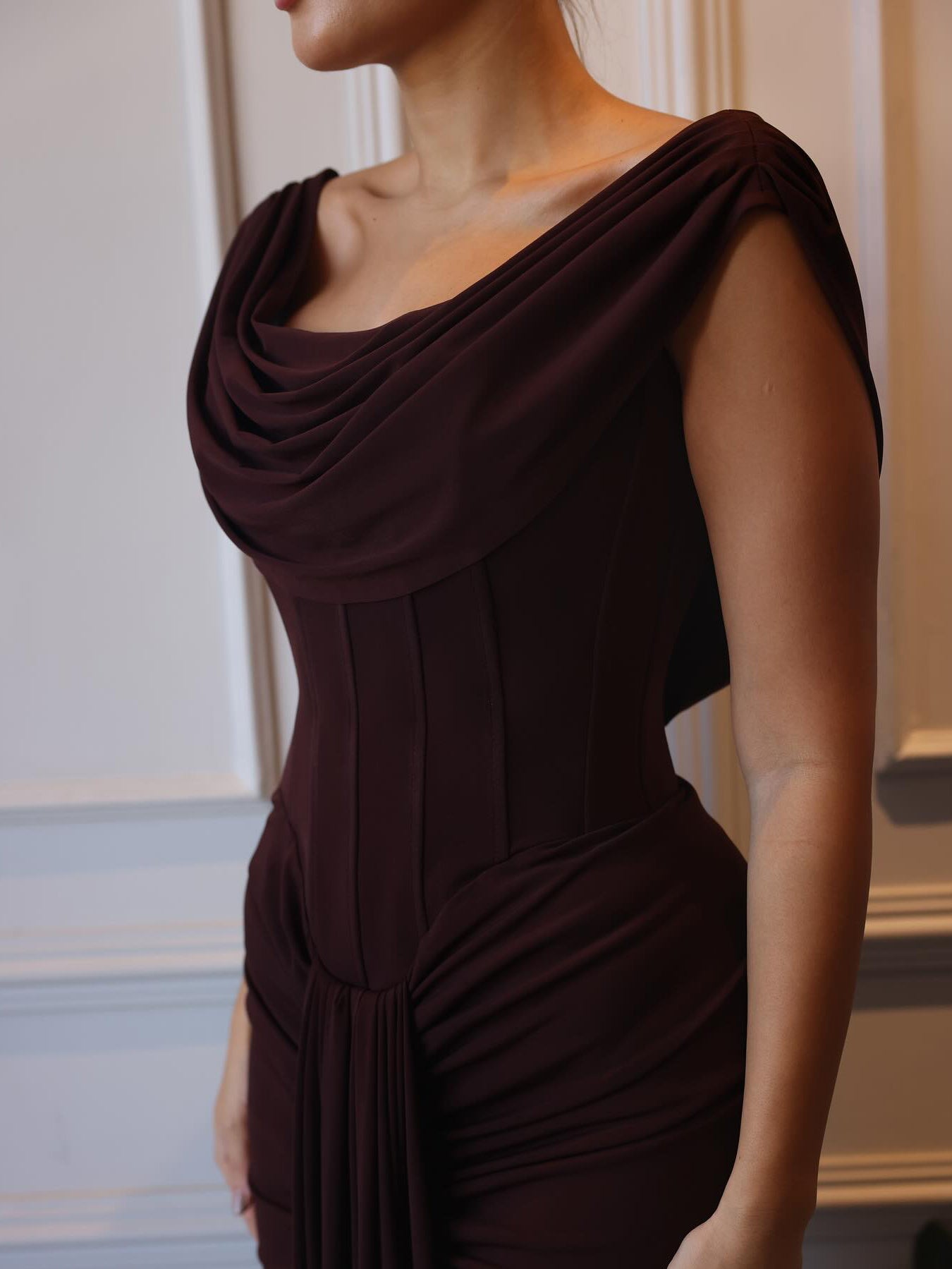 Draped-Cowl Open-Back Maxi Dress in Chocolate Brown - chocolate brown draped neckline close-up