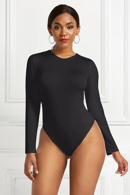 Bodysuit with Long Sleeves and Crew Neck - black front view