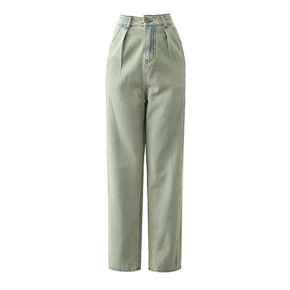 High-Waist Straight-Leg Jeans in Sage Green - sage green front flat view with pleated waist