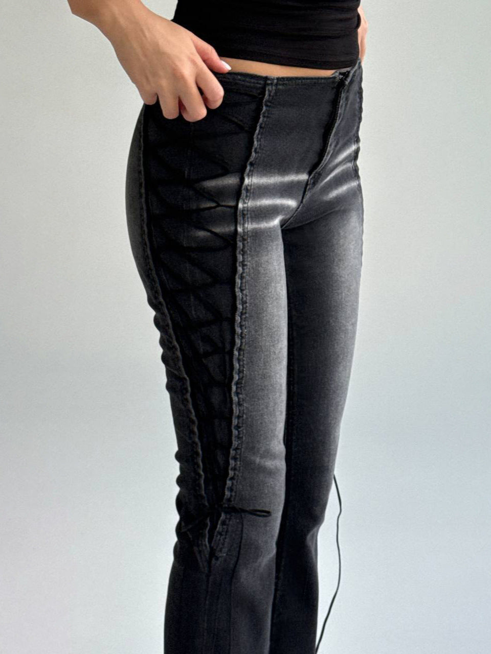 Black Washed Distressed Flare Jeans with Side Lace-Up Detail - lace-up corset detail close-up