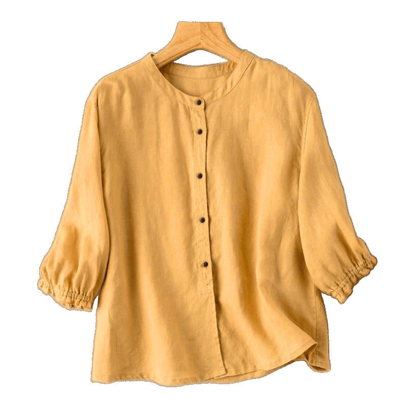 Blouse in Textured Cotton with Gathered Half Sleeves - yellow front view