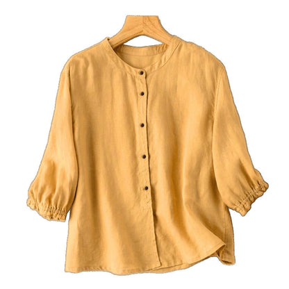 Blouse in Textured Cotton with Gathered Half Sleeves - yellow front view