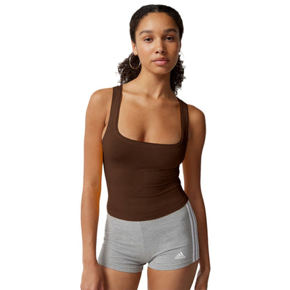 Crop Vest Top with Square Neck and Ribbed Stretch - coffee front view