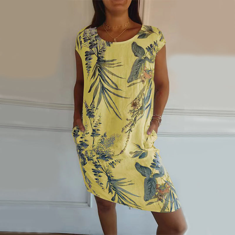 Midi Dress in Tropical Leaf Print with Pockets - yellow front view