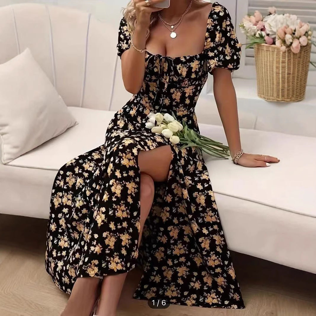 Maxi Dress in Floral Print with Lace-Up Front and Side Split - yellow floral seated slit detail