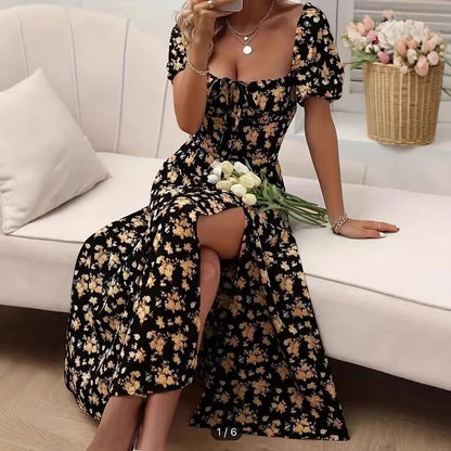Maxi Dress in Floral Print with Lace-Up Front and Side Split - yellow floral seated slit detail
