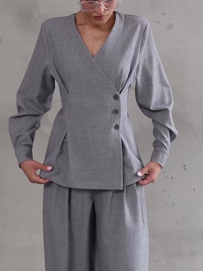 Asymmetric V-Neck Top & Wide-Leg Trouser Co-Ord in Grey - grey front fit view