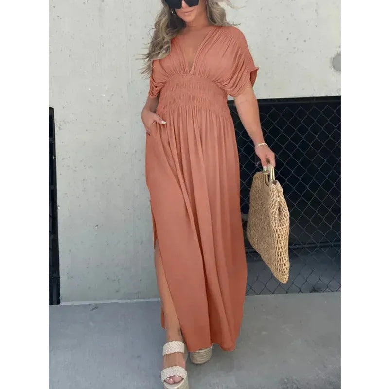 Maxi Dress with Batwing Sleeves, V-Neck and Side Slit - caramel front view