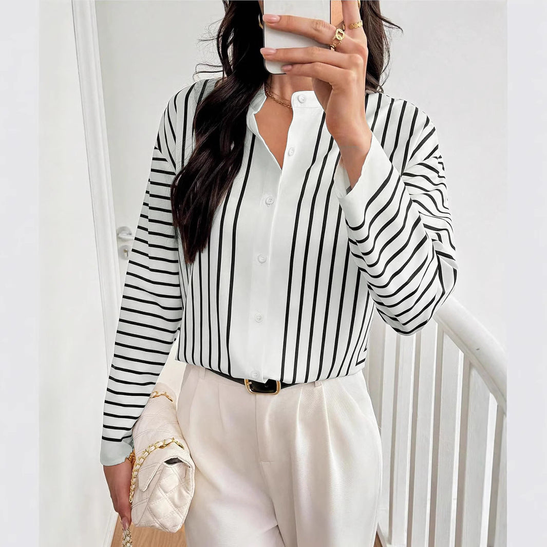 Shirt in White Monochrome Stripe Print - white vertical stripe styled front view
