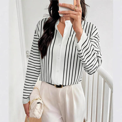 Shirt in White Monochrome Stripe Print - white vertical stripe styled front view