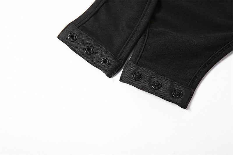 Bodysuit in Black with Open Back and Front Cut-Outs - black cuff detail
