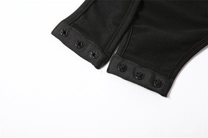 Bodysuit in Black with Open Back and Front Cut-Outs - black cuff detail