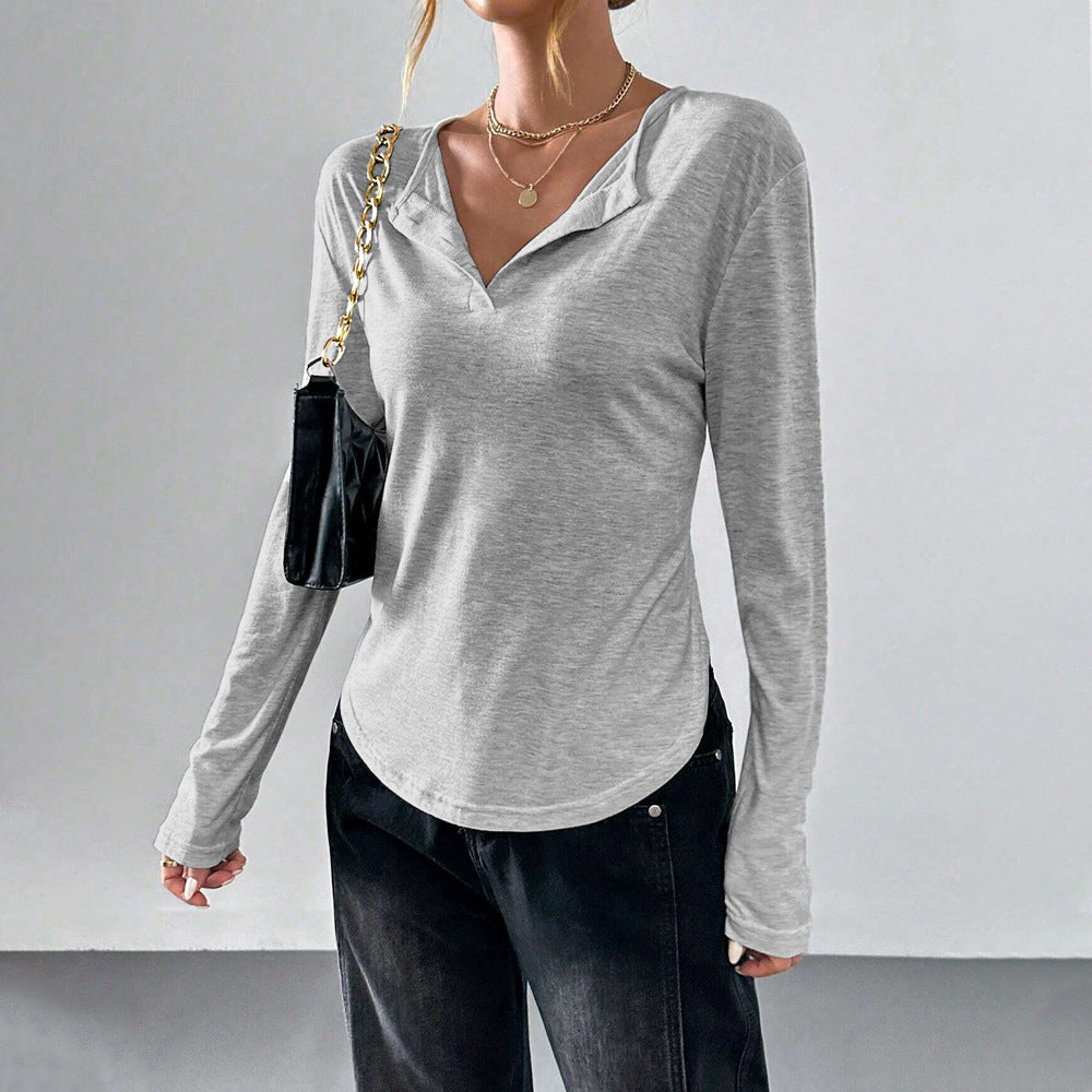 Long Sleeve Top in Grey Marl with Fold-Over V-Neck - styled front view
