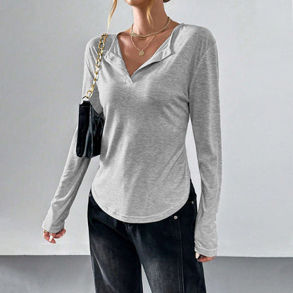 Long Sleeve Top in Grey Marl with Fold-Over V-Neck - styled front view