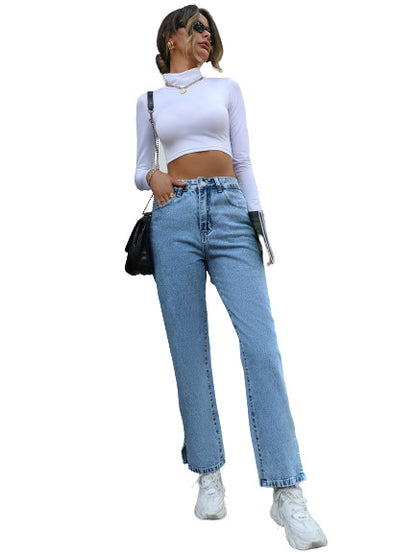 Straight-Leg High-Waist Jeans in Light Blue - angled front cutout view