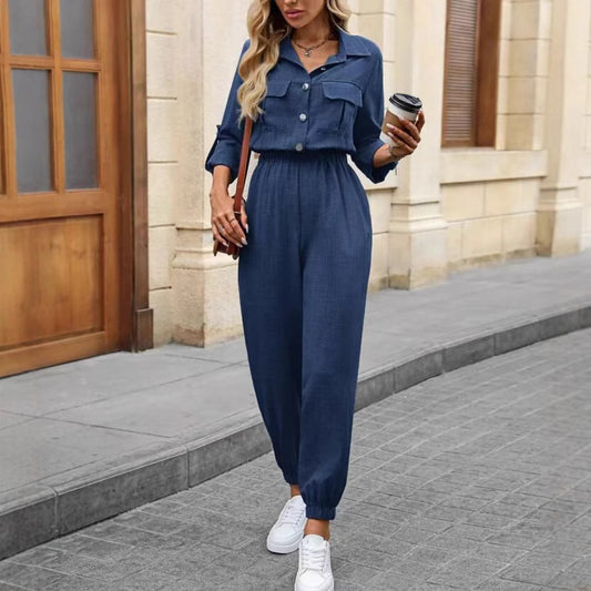 Jumpsuit with Utility Shirt Top in Blue & Khaki - blue front walking view