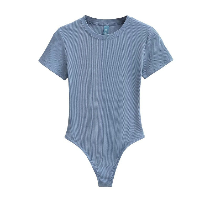 Bodysuit in Stretch Cotton with Short Sleeves - haze blue front view