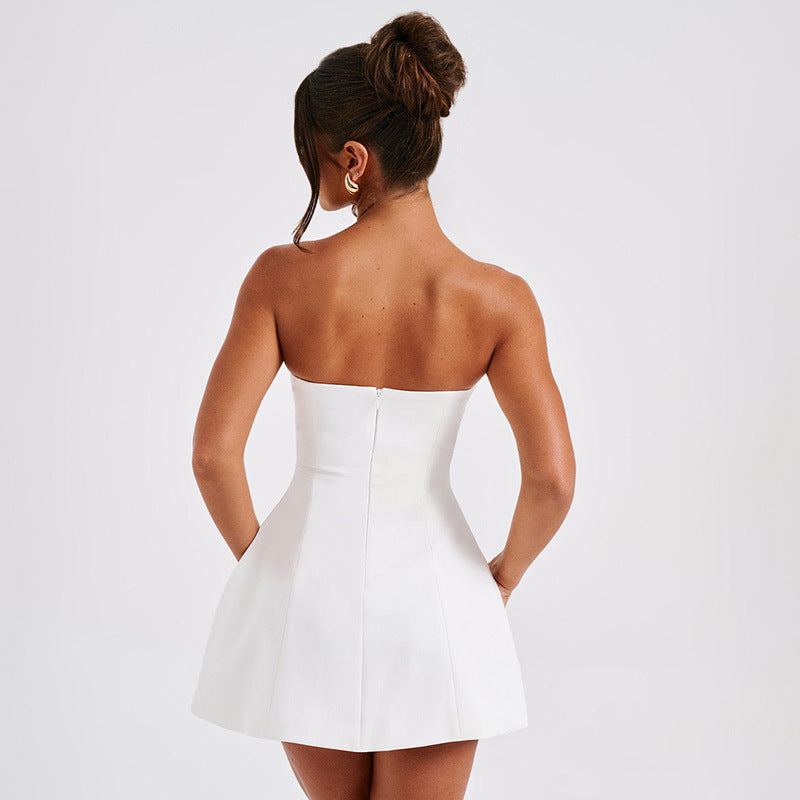 Mini Dress with Bandeau Neckline and Sculpted Skirt - white back view
