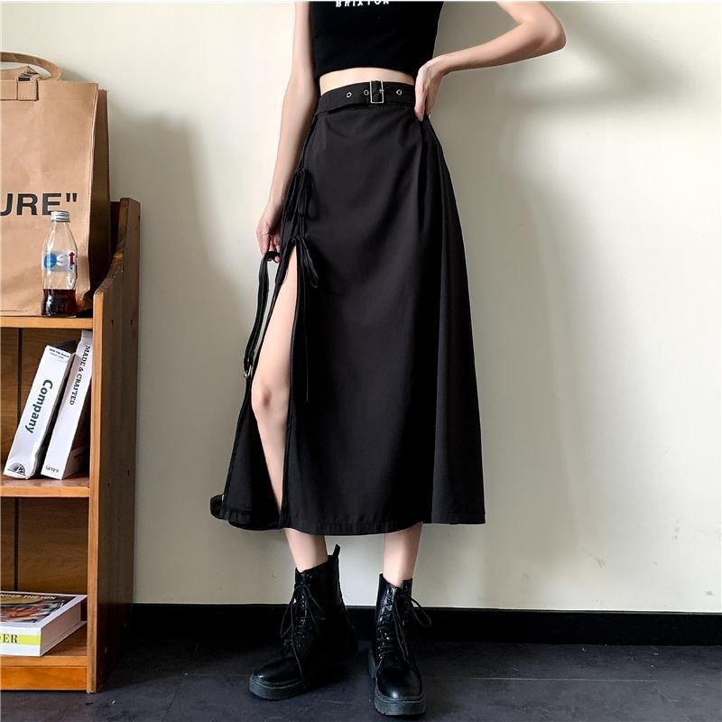 Midi Skirt in Black with Belted Asymmetric Split - black front view with belted waist