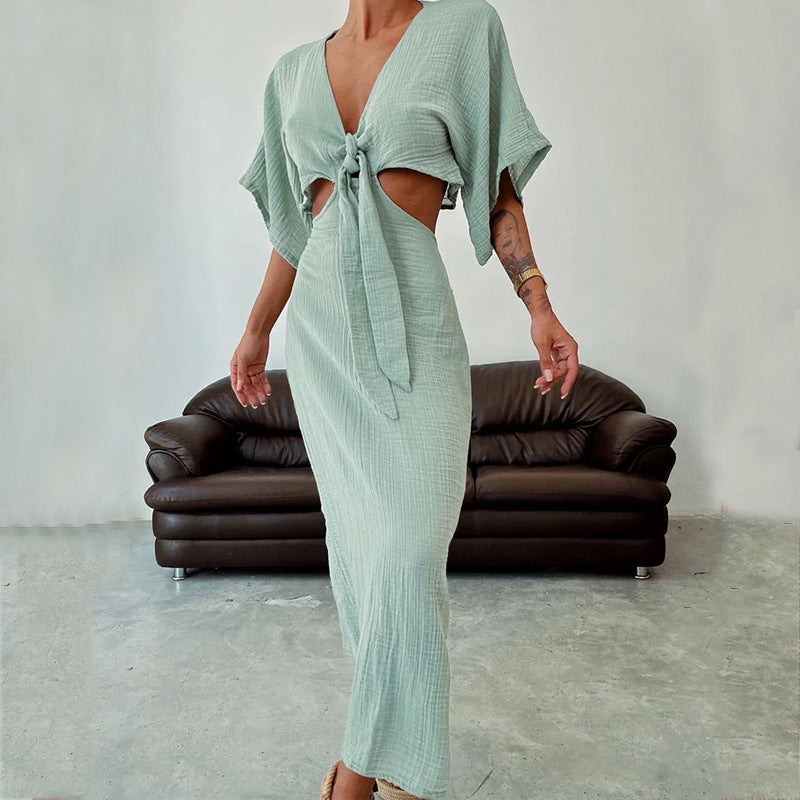 Maxi Dress with Tie-Front Cut-Out - green front view
