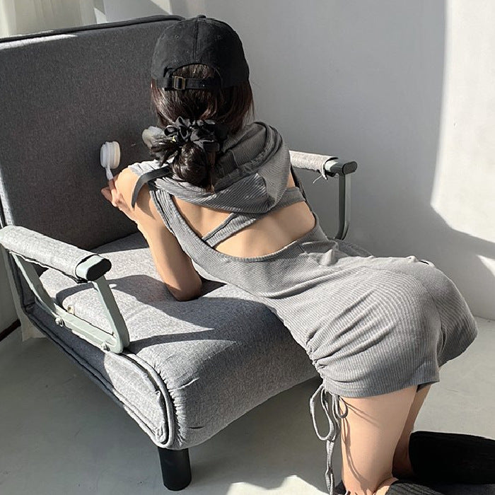 Playsuit with Hooded Cowl Neck and Ruched Sides - grey back view