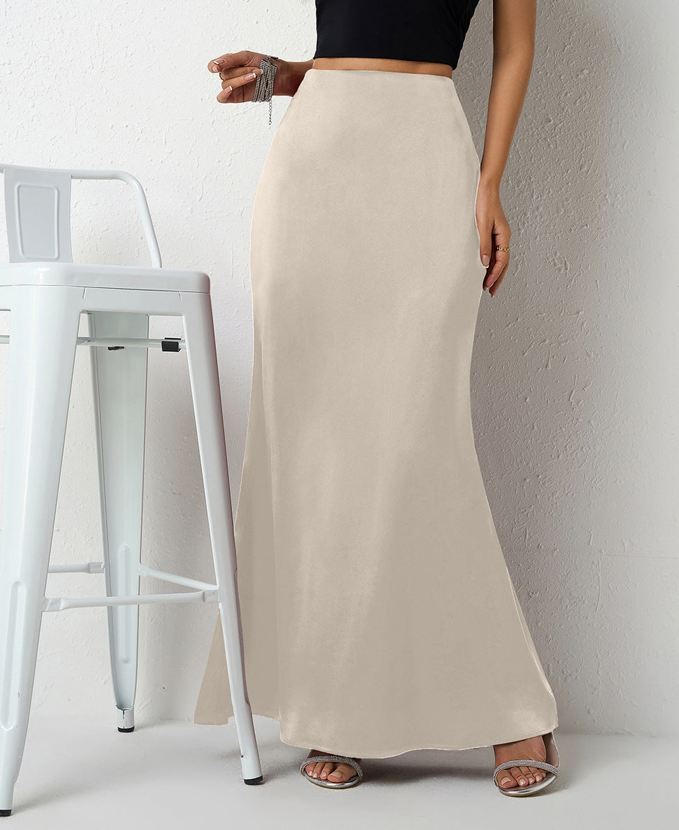 Maxi Skirt in Satin Bias Cut - Apricot front view with stool