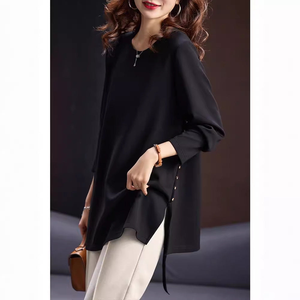 Tunic Top in Black with Side-Button Split Hem - black front view