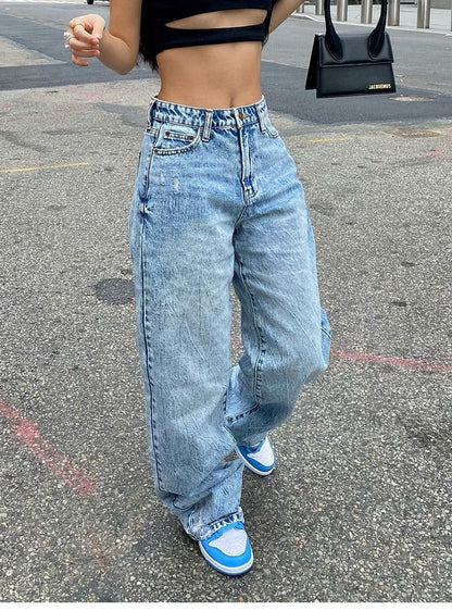 Jeans in Light Blue & Off-White with High-Waist Wide Leg - light blue angled leg view