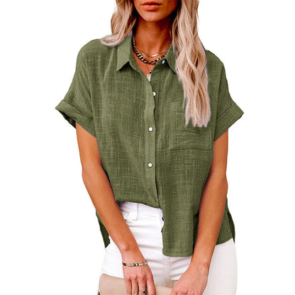 Short-Sleeve Textured Shirt with Pocket - Green front view