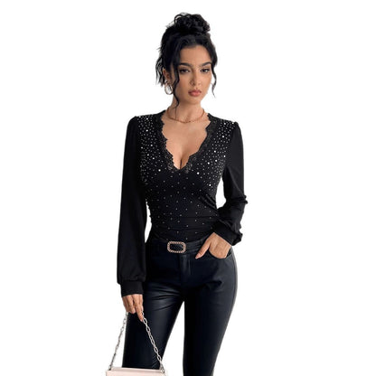 Ruched Top in Black with Lace V-Neck and Rhinestones - black styled front view